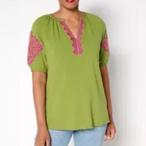 Belle Boho by Kim Gravel slub knit embroidered peasant top XXS